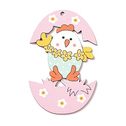 Pink Easter Theme Wood Big Pendants, Egg with Rabbit Charm, Pink, 90x57x2mm, Hole: 3.2mm