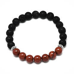 Red Jasper Natural Red Jasper Beads Stretch Bracelets, with Synthetic Lava Rock Beads and Alloy Beads, Round, Inner Diameter: 2-1/8 inch(5.5cm), Beads: 8.5mm