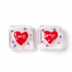 Clear Handmade Lampwork Beads, Square with Heart & Word Love Pattern, Clear, 16x15x6mm, Hole: 1.8mm