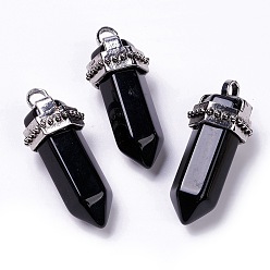 Obsidiana Grandes colgantes naturales de obsidiana, con fornituras de aleación chapado en plata antigua, cono, 53x21x21 mm, agujero: 5 mm