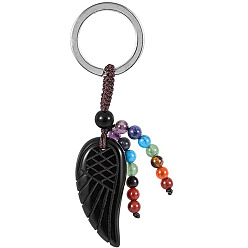 Black Agate 7 Chakra Natural Black Agate Wing Pendant Keychain, with Platinum Tone Alloy Key Rings and Gemstone Round Beads, 7.6~8cm