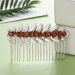 Red Jasper Leaf Natural Red Jasper Chips Hair Combs, with Iron Combs, Hair Accessories for Women Girls, 45x80x10mm