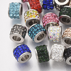 Color mezclado 201 bolas de acero inoxidable, con diamantes de imitación de arcilla polimérica, columna, color mezclado, 5.5x7 mm, agujero: 3.5 mm