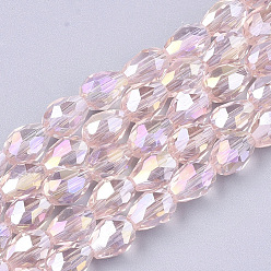 Pink Perles en verre electroplate, de couleur plaquée ab , facette, larme, rose, 7.5~8x6mm, Trou: 1mm, Environ 66~68 pcs/chapelet, 22.6 pouce