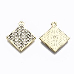 Light Gold Alloy Crystal Rhinestone Pendants, Rhombus, Cadmium Free & Lead Free, Light Gold, 23.5x20.5x2mm, Hole: 1.6mm, Side Length: 15mm