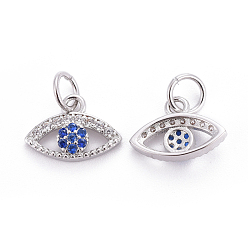 Platinum Brass Micro Pave Cubic Zirconia Charms, with Jump Rings, Evil Eye, Colorful, Platinum, 7x12x3mm, Hole: 3mm