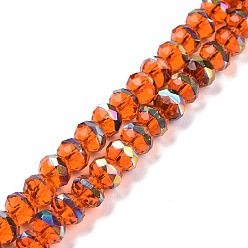 Оранжево-Красный Прозрачные стеклянные бусины гальваническим пряди, граненые, рондель, с половиным покрытием цвета радуги, оранжево-красный, 7.5~8x6.5 мм, отверстие : 1.4 мм, около 65 шт / нитка, 16.54 дюйм (42 см)