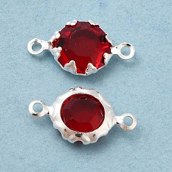 Red Eco-Friendly Brass Glass Connector Charms, Cadmium Free & Lead Free, Flat Round Links, 925 Sterling Silver Plated, Red, 12x6.5x3mm, Hole: 1mm