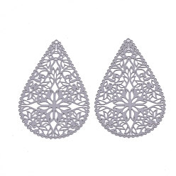 Light Grey 430 Stainless Steel Filigree Pendants, Spray Painted, Etched Metal Embellishments, Teardrop with Flower, Light Grey, 40x26.5x0.5mm, Hole: 1mm