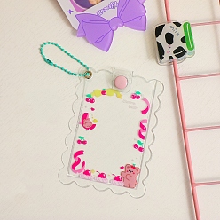 Clear PVC Photocard Sleeve Keychain, with Ball Chains, Wave-Edged Rectangle with Deep Pink Ribbon Pattern, Clear, 110x80mm, Inner Diameter: 100x64mm