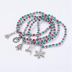 Mixed Color Christmas Themed Charm Bracelets, with Iron, Faceted Glass Beads and Alloy Pendants, Mixed Color, 2-1/4 inch(57mm)