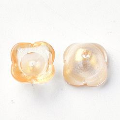 Gold 4-Petal Transparent Spray Painted Glass Bead Caps, with Glitter Powder, Flower, Gold, 11.5x11.5x7mm, Hole: 1.6mm