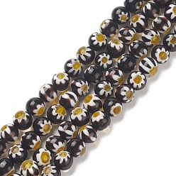 Black Faceted Millefiori Glass Round Beads Strands, Black, 6mm, Hole: 1mm, about 64pcs/strand, 14.1 inch