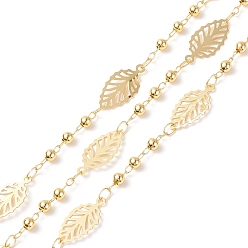 Real 18K Gold Plated Brass Leaf Link Chains, with Round Beaded, Soldered, with Spools, Cadmium Free & Lead Free, Real 18K Gold Plated, 16x8x0.2mm, 3mm