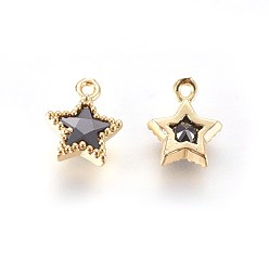 Black Golden Tone Brass Micro Pave Cubic Zirconia Charms, Star, Black, 10x8x3mm, Hole: 1mm
