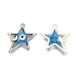 Dodger Blue Alloy Enamel Pendants, Golden, Star with Moon and Evil Eye, Dodger Blue, 28.5x24x2mm, Hole: 1.5mm