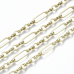 Light Gold Brass Paperclip Chains, Drawn Elongated Cable Chains, Long-Lasting Plated, Soldered, Light Gold, Oval: 14x5.5x1mm, Ring: 5x1mm, Quick Link Connectors: 8x3.5x1.5mm