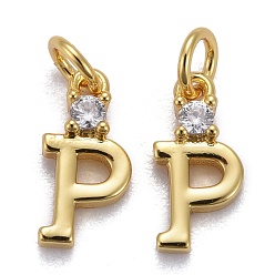 Letter P Brass Micro Pave Clear Cubic Zirconia Pendants, with Jump Rings, Real 18K Gold Plated, Long-Lasting Plated, Letter, Letter.P, 10.5x5x2mm