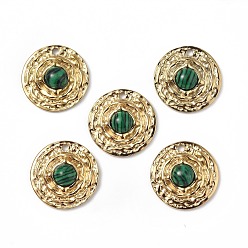 Malachite Vacuum Plating 201 Stainless Steel Synthetic Malachite Pendants, Real 18K Gold Plated, Flat Round Charms, 19x5mm, Hole: 1.8mm