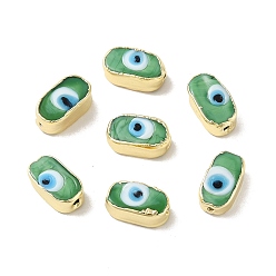 Light Green Handmade Evil Eye Lampwork Beads, with Brass Findings, Lead Free & Cadmium Free, Long-Lasting Plated, Oval, Light Green, 14~14.5x7.5~8.5x5.5~6mm, Hole: 0.9~1.4mm