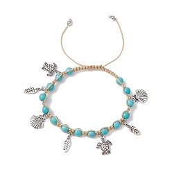 Dark Turquoise Feather & Turtle & Shell Shape Alloy Charm Bracelet, Synthetical Turquoise Braided Adjustable Bracelet, Dark Turquoise, Inner Diameter: 2-1/8~3-3/8 inch(5.5~8.55cm)