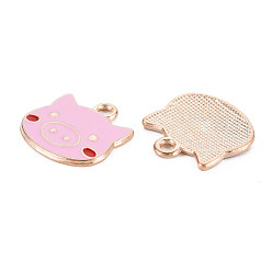 Pearl Pink Alloy Pendants, with Enamel, Cartoon Piggy Charms, Cadmium Free & Lead Free, Light Gold, Pearl Pink, 17.5x17.5x1mm, Hole: 2mm
