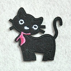 Negro Tela de bordado computarizada para planchar / coser parches, accesorios de vestuario, apliques, forma de gato, negro, 50x50 mm