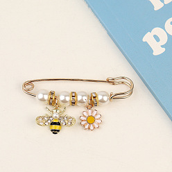 Bees Alloy Enamel Charm Safety Pin Brooches, Imitation Pearl Waist Pants Extender for Women, Golden, Bees Pattern, 57mm