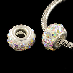 Cristal AB Perles de grand trou européennes en argile polymère strass avec noyaux en laiton plaqué couleur argent, rondelle, cristal ab, 11~12x7~7.5mm, Trou: 5mm
