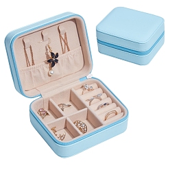 Bleu Ciel Boîte à bijoux rectangle en cuir pu, étui à bijoux portable de voyage, boîtes de rangement à fermeture éclair, pour les colliers, Anneaux, boucles d'oreilles et pendentifs, bleu ciel, 9x11x5 cm
