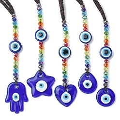Coloré Décorations de pendentif en perles de verre, avec des lampes à mauvais œil et des ornements suspendus en fil de nylon, étoile/larme/cœur/rond plat/main de hamsa, colorées, 192~210mm