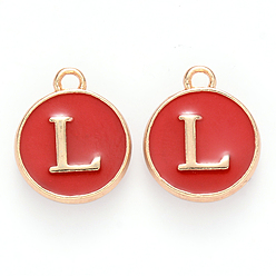 Letter L Golden Plated Enamel Alloy Charms, Enamelled Sequins, Flat Round, Red, Letter L, 14x12x2mm, Hole: 1.5mm, 100pcs/Box