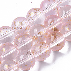 Pink Transparent Spray Painted Glass Bead Strands, with Golden Foil, Round, Pink, 10~11mm, Hole: 1.4~1.6mm, about 39~42pcs/Strand, 14.84 inch~15.27 inch(37.7~38.8cm)