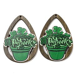 Vert Grands pendentifs en bois imprimé à face unique de la saint-Patrick, breloques en forme de larme avec trèfle, verte, 54x37.5x2.5mm, Trou: 1.5mm