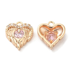 Pearl Pink Brass & Glass & Cubic Zirconia Charms, Heart Wing Charm, Real 18K Gold Plated, Pearl Pink, 11x10.5x4mm, Hole: 1.2mm
