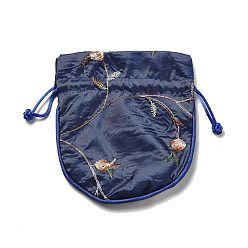 Midnight Blue Chinese Brocade Packing Pouches, Drawstring Bags, Lining Random Color, Square with Flower Pattern, Midnight Blue, 14x11.7x0.2cm