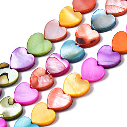 Couleur Mélangete Eau douce naturelle de coquillage perles brins, teint, cœur, couleur mixte, 9~10x10x2~3mm, Trou: 0.8mm, Environ 44 pcs/chapelet, 15.75 pouce (40 cm)