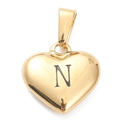 Letter N Pendentifs en acier inoxydable, coeur avec lettre noire, or, letter.n, 304mm, Trou: 16x16x4.5mm