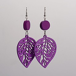 Purple Trendy Leaf Wood Dangle Earrings, with Platinum Plated Iron Earring Hooks, Purple, 90x34mm, Pin: 0.8mm