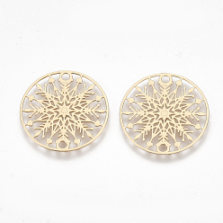 Light Gold Brass Links connectors, Etched Metal Embellishments, Flat Round with Snowflake, Light Gold, 20x0.3mm, Hole: 1.3mm