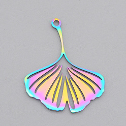 Rainbow Color Ion Plating(IP) 201 Stainless Steel Pendants, Laser Cut, Ginkgo Leaf, Rainbow Color, 26x21.5x1mm, Hole: 1.5mm