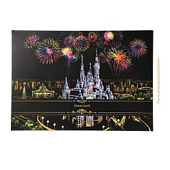Castle Scratch Rainbow Painting Art Paper, DIY Night View of the City, with Paper Card and Sticks, Castle Pattern, 40.5x28.4x0.05cm