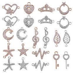 Golden & Silver 22Pcs Mixed Shape Alloy Pendant & Charm Connector, with Cubic Zirconia, Star Heart Leaf Charm for Jewelry Necklace Bracelet Earring Making Crafts, Golden & Silver, 24x9~16mm