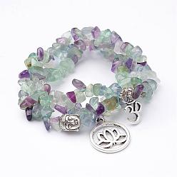 Antique Silver Natural Fluorite Stretch Bracelet Sets, with Tibetan Style Alloy Pendants, Antique Silver, 2 inch(48mm)~2-1/8 inch(53mm)