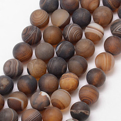 Coconut Brown Natural Striped Agate/Banded Agate Bead Strands, Round, Grade A, Frosted, Dyed & Heated, Coconut Brown, 10mm, Hole: 1mm, about 37pcs/strand, 15 inch