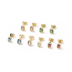 Mixed Color Cubic Zirconia Rectangle Stud Earrings, Real 18K Gold Plated Brass Jewelry for Women, Cadmium Free & Nickel Free & Lead Free, Mixed Color, 7x5mm, Pin: 0.9mm