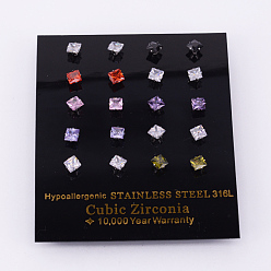 Couleur Acier Inoxydable 304 acier inoxydable carrés boucles d'oreilles zircone cubique haras, couleur inox, 4x4mm, pin: 0.8 mm, 10 paires / carte