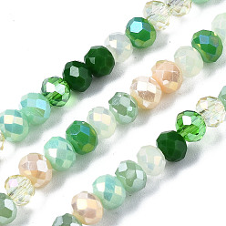 Green Electroplate Glass Beads Strands, Faceted, Rondelle, Green, 4.5x3.5mm, Hole: 1mm, about 140~143pcs/strand, 18.90 inch~19.29 inch(48cm~49cm)