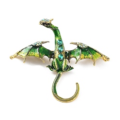 Green Dragon Alloy Rhinestone Brooches, Enamel Pins, Alloy Badge for Unisex, Antique Golden, Green, 74x88x16mm