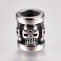 Antique Silver 304 Stainless Steel Beads, Column with Skull, Large Hole Beads, Antique Silver, 13x10mm, Hole: 6mm